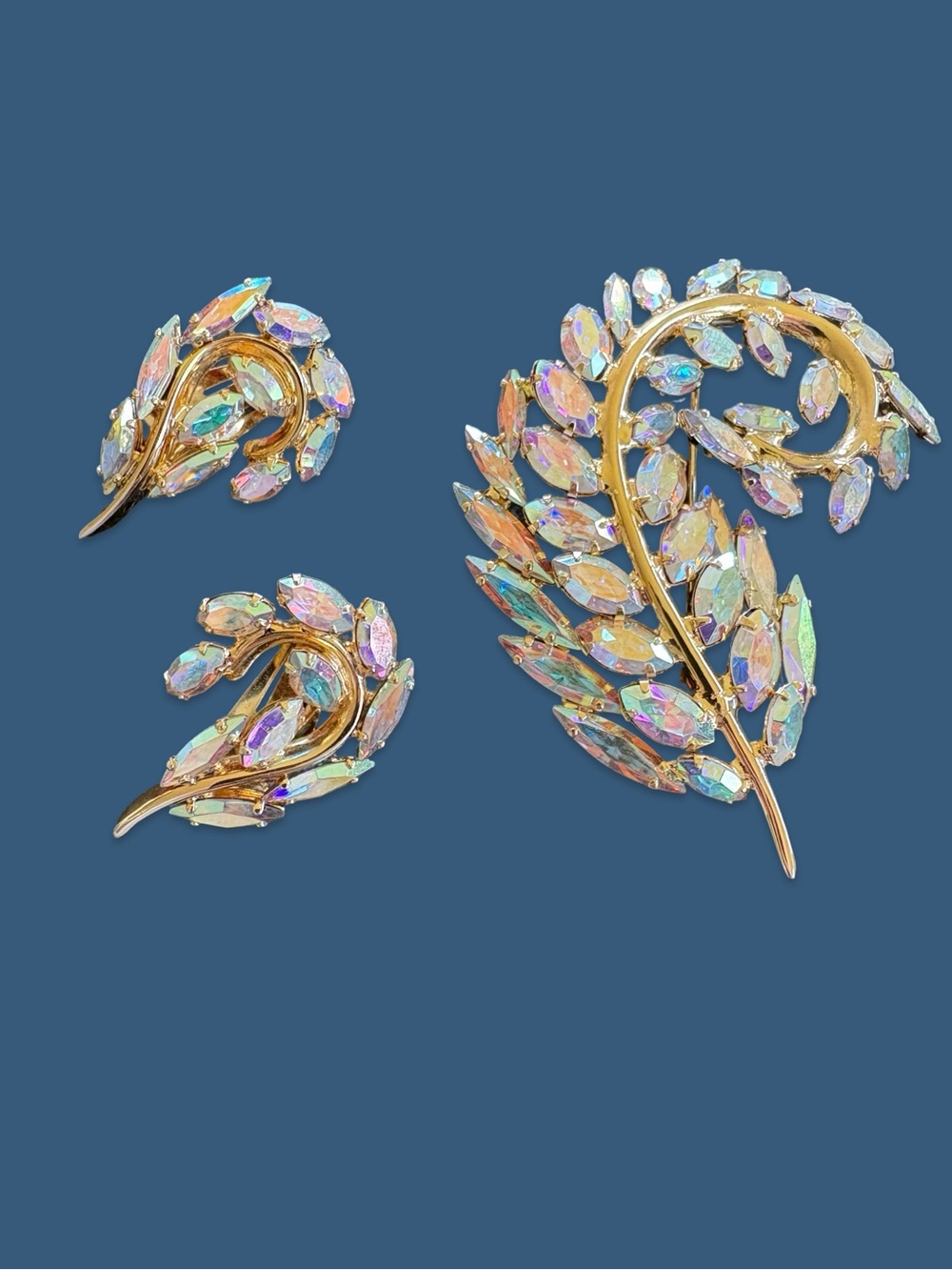 Vintage Boucher for Avon of belleville aurora borealis Leaf Brooch and Earrings